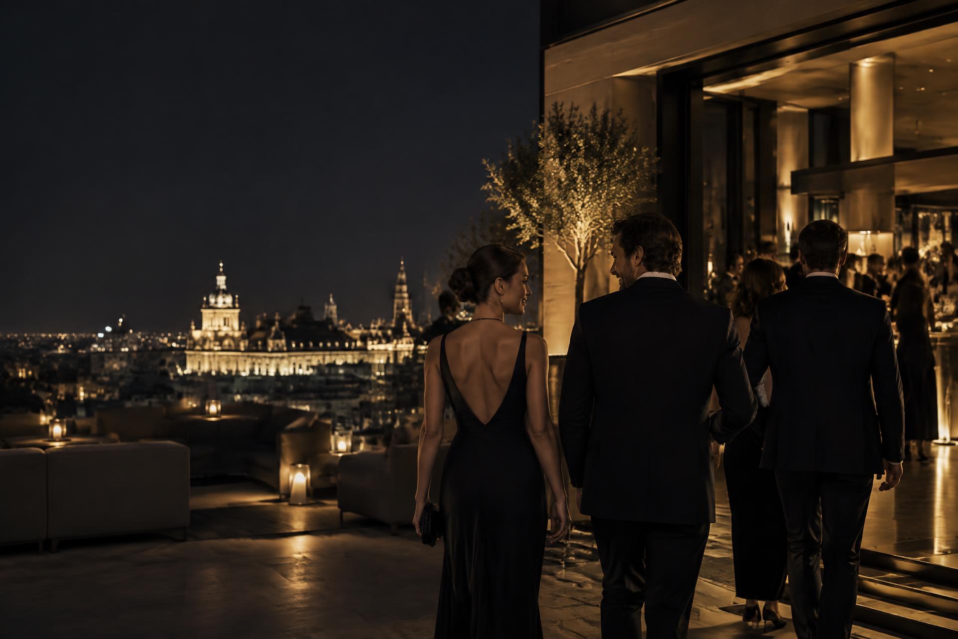 Personas llegando a un elegante encuentro en una azotea de Madrid